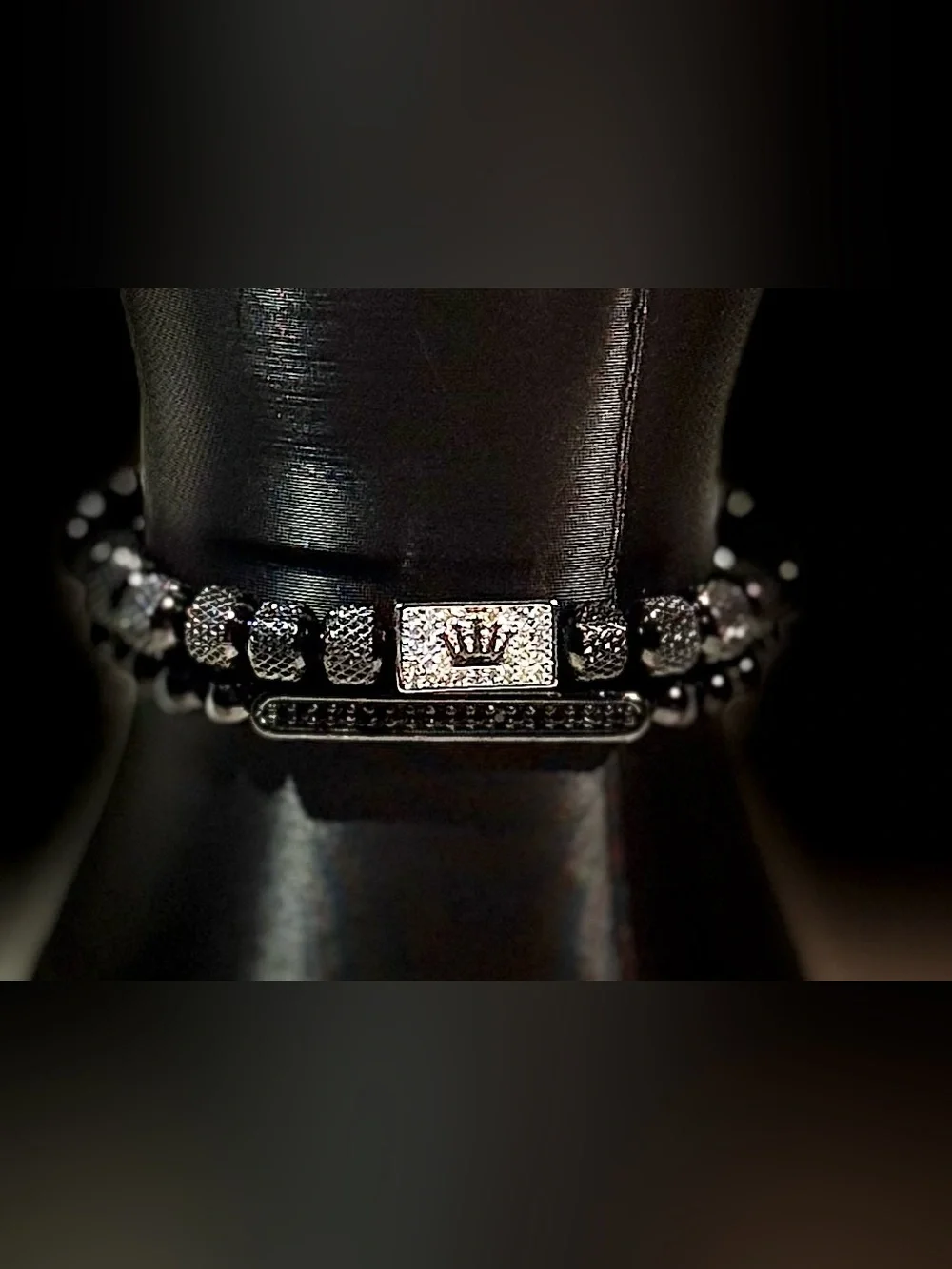 Double Unisex Black and Silver Beaded Bracelet with Crown Accent